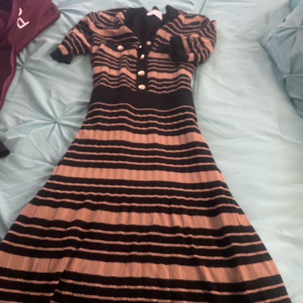 Rebecca Vallance Black and Tan Striped Long Sleeve Dress